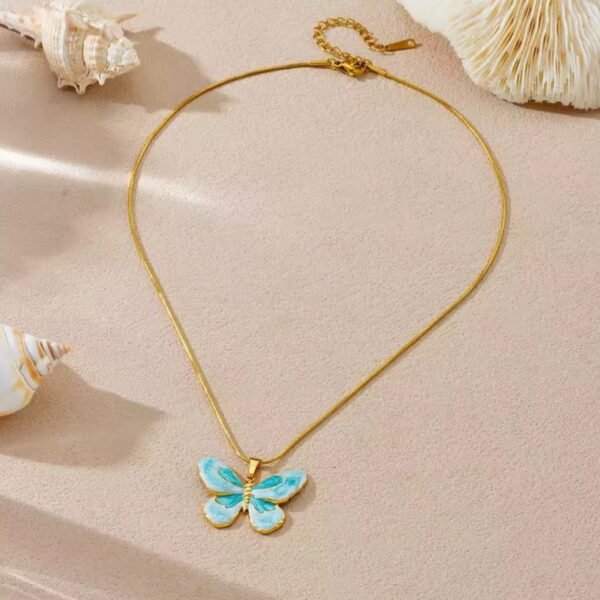 gold plated stainless steel blue gradient butterfly pendant necklace – 311