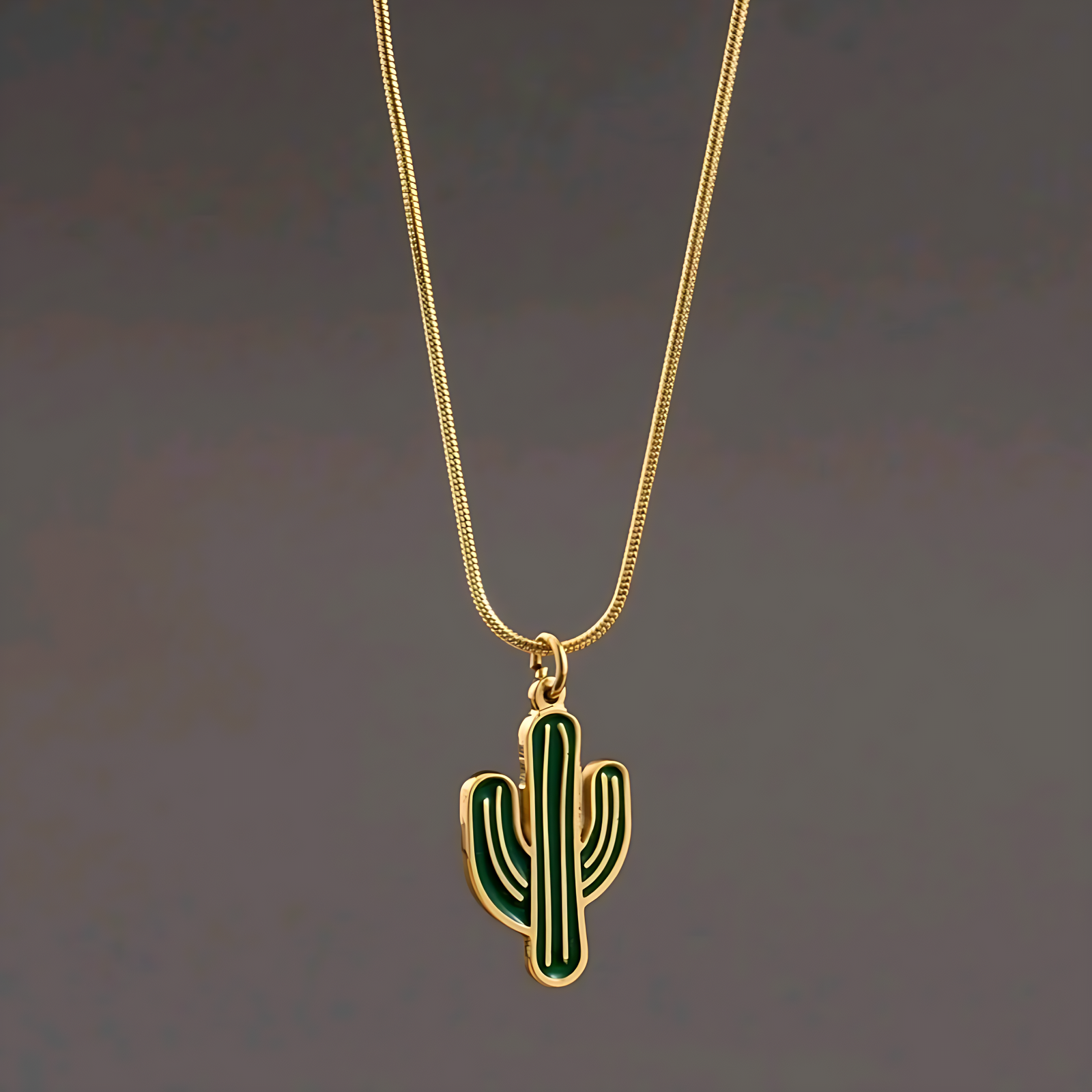 Stainless Steel 18K Gold-Plated Green Cactus Pendant Necklace - 315