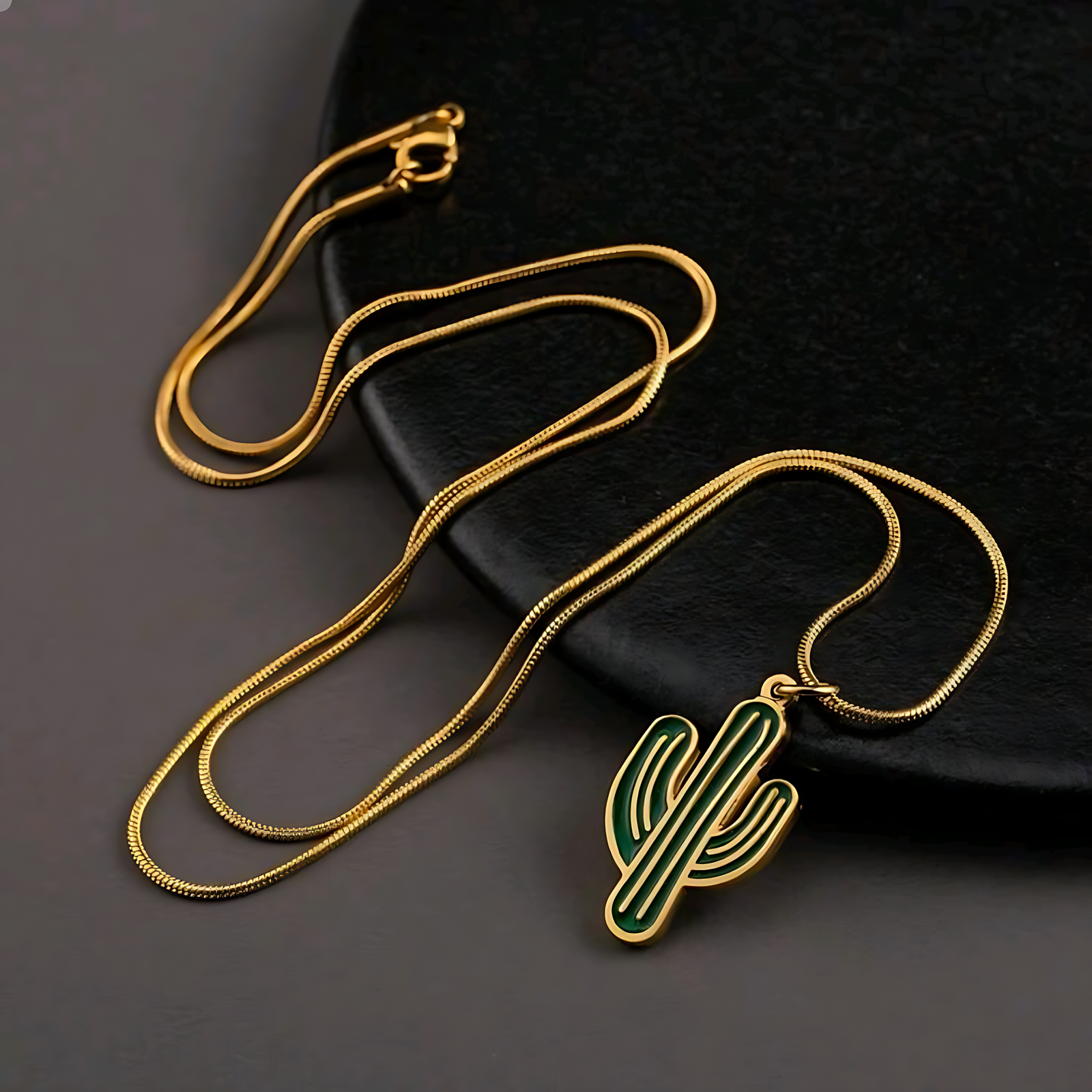 Stainless Steel 18K Gold-Plated Green Cactus Pendant Necklace - 315